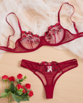 Ladies Sexy Deep Red Embroidery Sheer Bra Set