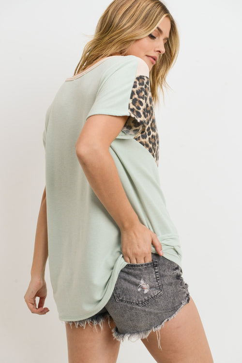 Toni ~ Leopard Chevron Color Block Top - Mint