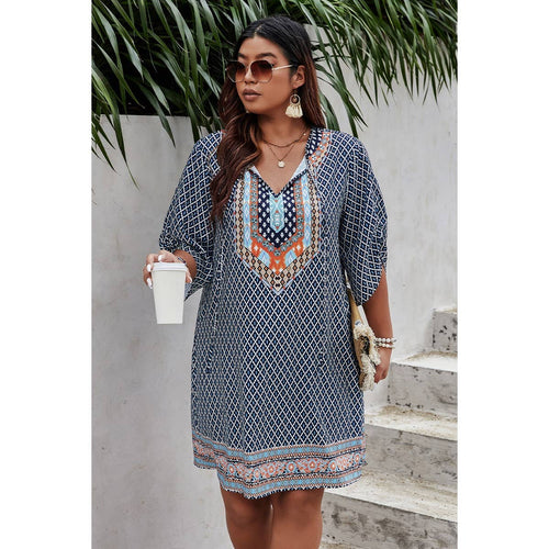 Molly ~ Plus Size V Neck Printed Loose Fit Midi Dress