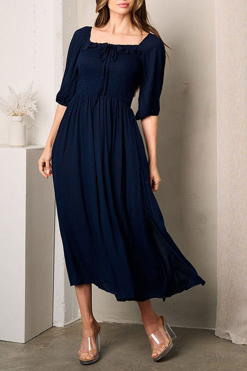 Square Neck Smocked Elastic Waist Midi Dress~ Navy