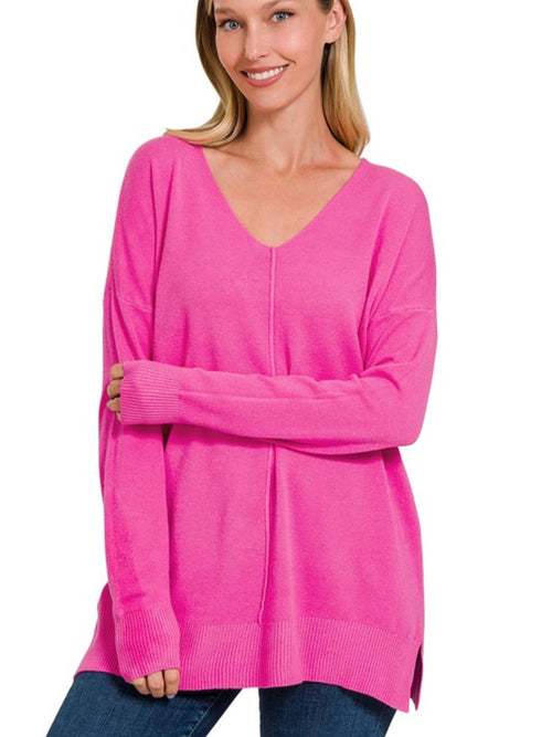 Georgie~V-Neck Sweater-Neon Hot Pink