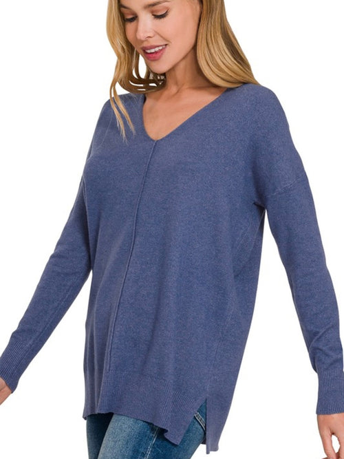 Georgie~V-Neck Sweater-Heathered Marlin