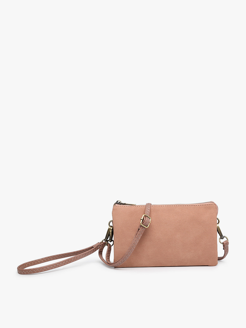 Riley ~ Suede 3 Compartment Crossbody/Wristlet: Mauve