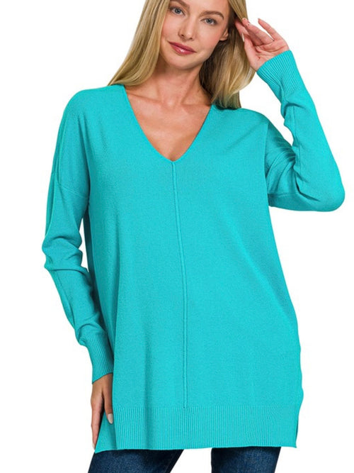 Georgie~V-Neck Sweater-Turquoise