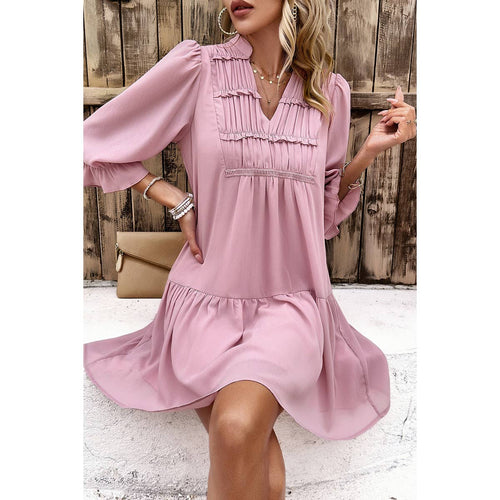 Tiff ~ Solid Ruched Pleated Ruffle Loose Fit Dress