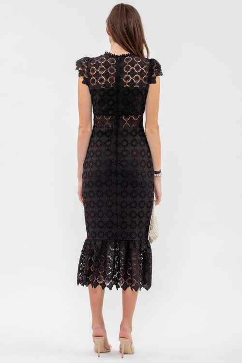 Maya ~ Eyelet Lace Ruffle Midi Dress - Black