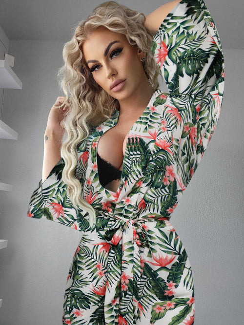 Cream Palm Floral  Printed  Short Robe