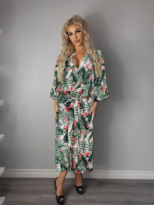 Cream Palm Floral  Printed  Short Robe