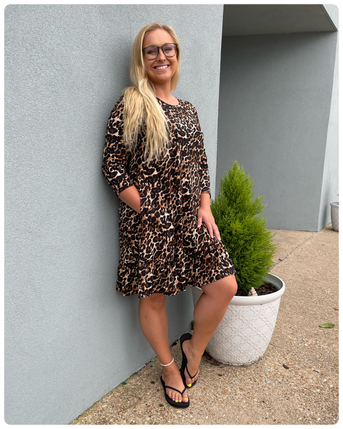 Amanda ~ 3/4 Sleeve Leopard Dress