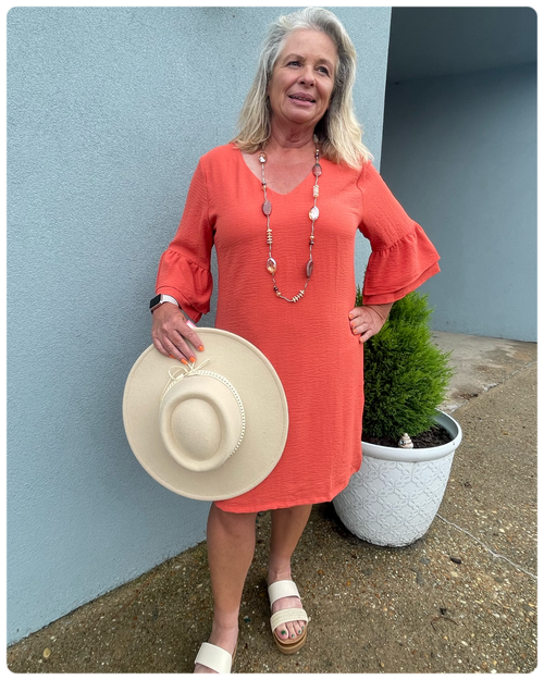 Stephanie ~ 3/4 Ruffle Sleeve Burnt Orange Dress