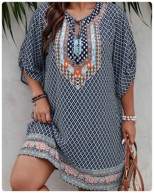 Molly ~ Plus Size V Neck Printed Loose Fit Midi Dress