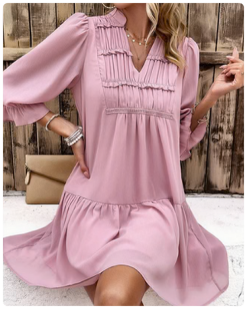 Tiff ~ Solid Ruched Pleated Ruffle Loose Fit Dress