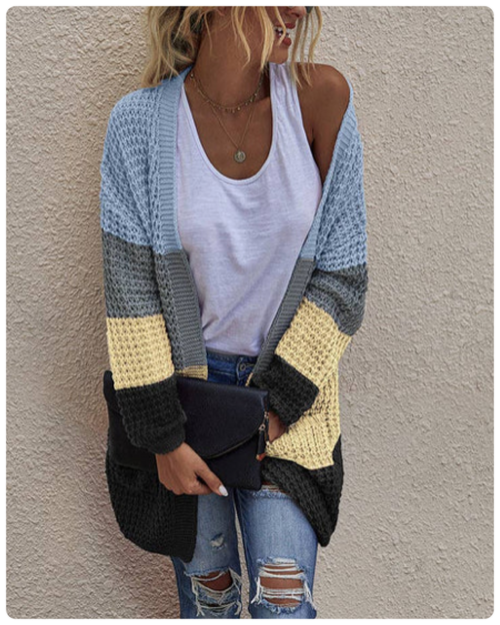 Color Block Open Front Knit Cardigan: Blue