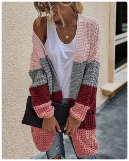 Color Block Open Front Knit Cardigan: Wine