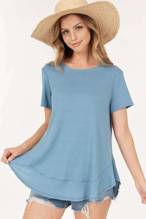 Carla ~ Waffle Ruffled Hem Top with Back Slit - Slate. Blue