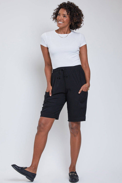 Cora ~ Elastic Waist Bermuda With Patch Pockets - BLACK