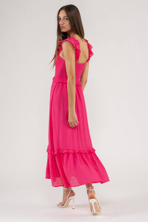 Mandy ~ Flutter Sleeve Midi Dress - Fuchsia