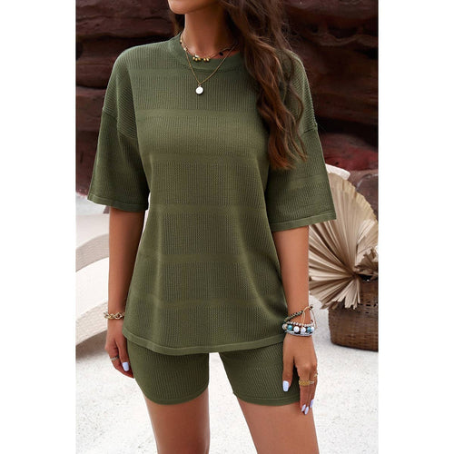 Megan ~ Two Pieces Solid Drop Shoulder Activewear Sets: Olive