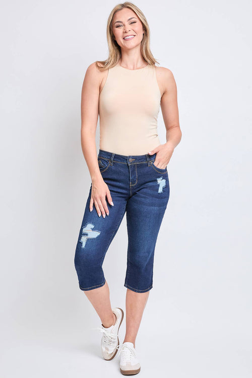 Missy WannaBettaButt 3-Button Side Slit Hem Capri: Ripped Dark Indigo