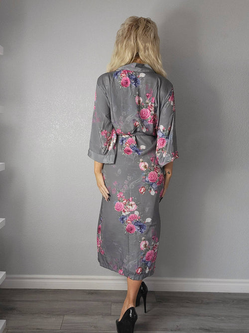 Gray Rose Printed  Long Robe Short