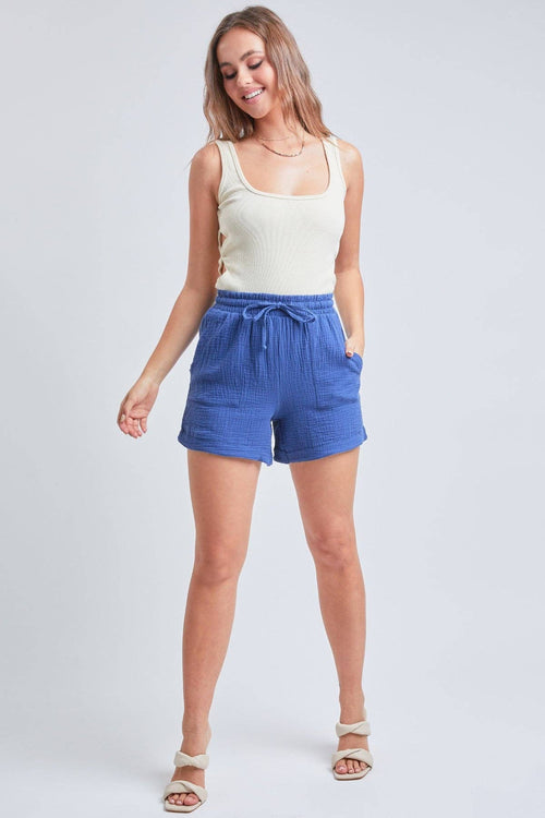 Mya ~ Junior Double Gauze Drawstring Banded Hem Shorts: NAVY