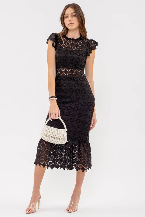 Maya ~ Eyelet Lace Ruffle Midi Dress - Black