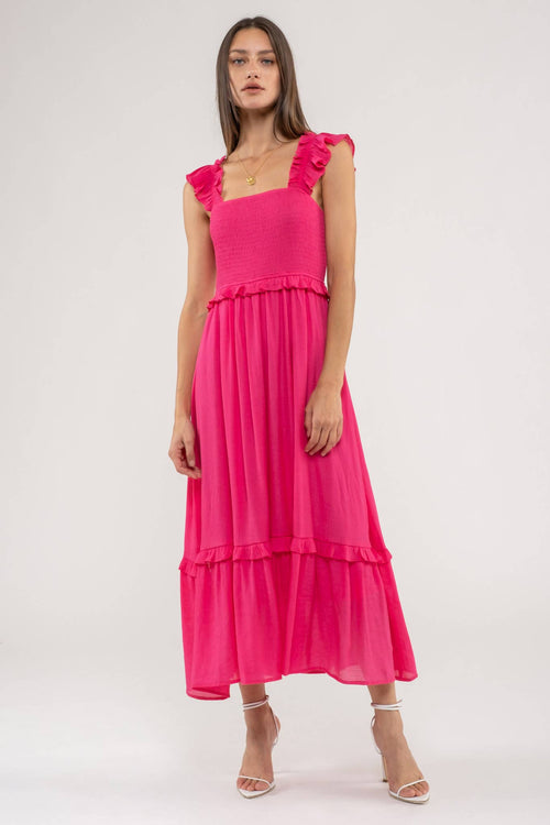 Mandy ~ Flutter Sleeve Midi Dress - Fuchsia